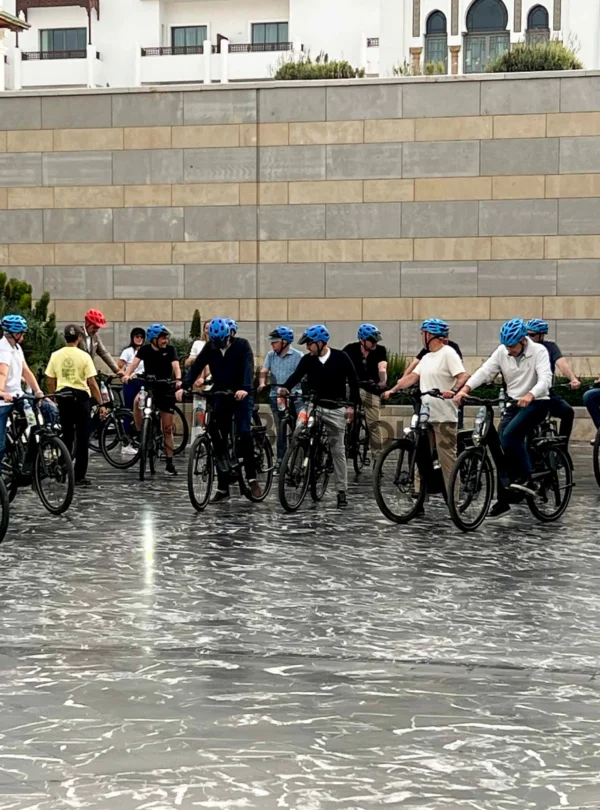 Professional safety briefing for corporate cycling event at Rabat Bike Tours.
