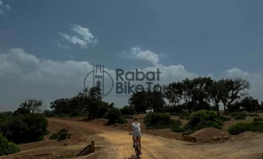 Mountain bikers riding through the forest trails of Benslimane.
